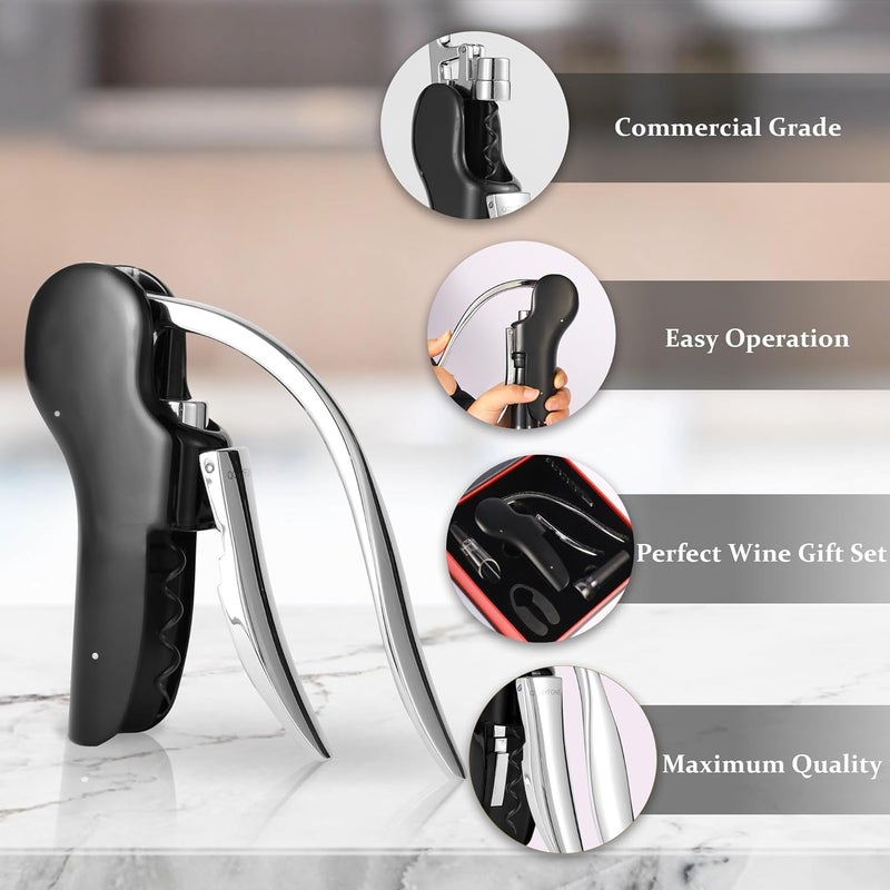 QONYFONE فتاحة زجاجات النبيذ، مجموعة فتاحة عمودية 5 قطع، تصميم عمودي يدوي، تشمل قاطع ورق النبيذ، لولب إضافي، صب النبيذ وسدادة النبيذ، علبة هدايا أنيقة، سوداء - Image 4